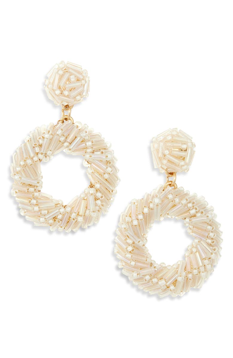 Cara Beaded Frontal Hoop Drop Earrings, Main, color, Ivory