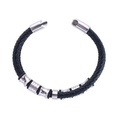 Trafalgar Loose Fit Silver And Leather 2 Band Secure Clasp Leather Bracelet In Black And Silver