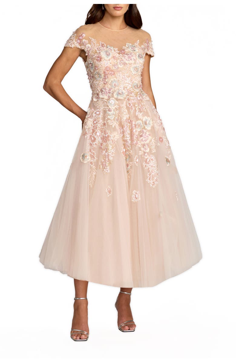 Mac Duggal Embroidered Tulle Illusion Neck Cap Sleeve Dress, Main, color, Blush Multi