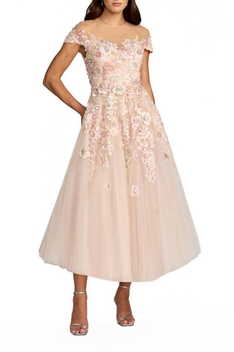 Embroidered Tulle Illusion Neck Cap Sleeve Dress
