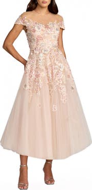 Mac Duggal Embroidered Tulle Illusion Neck Cap Sleeve Dress