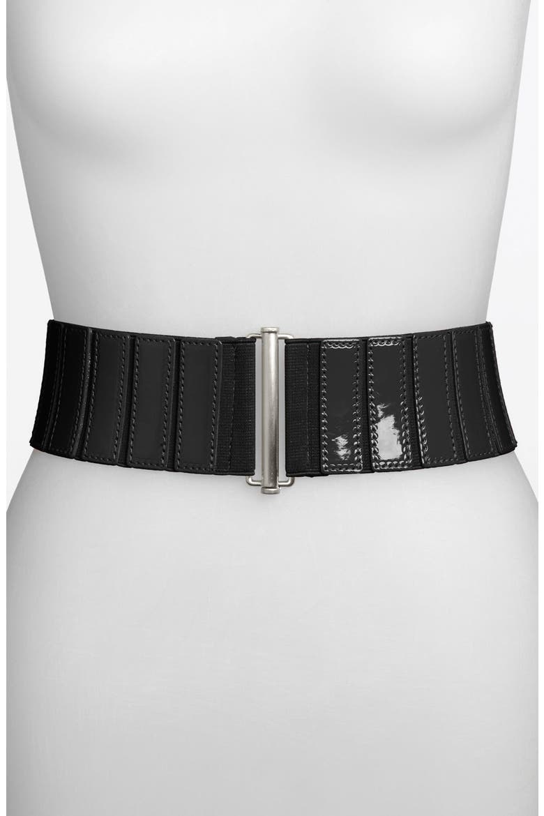 Pieced Patent Stretch Belt, Main, color, BLACK