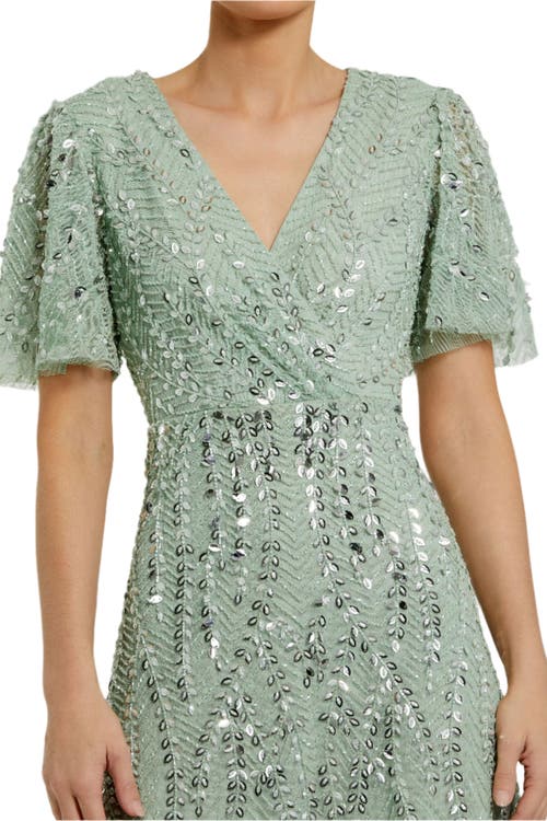 Mac Duggal Beaded Wrap Over Butterfly Sleeve Column Gown In Sage