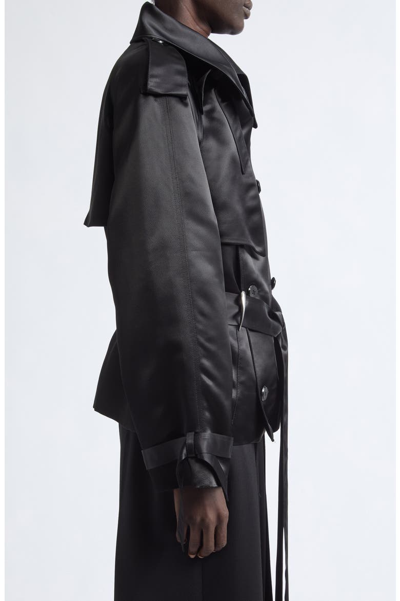 Claw Crop Liquid Satin Trench Coat, Alternate, color, BLACK