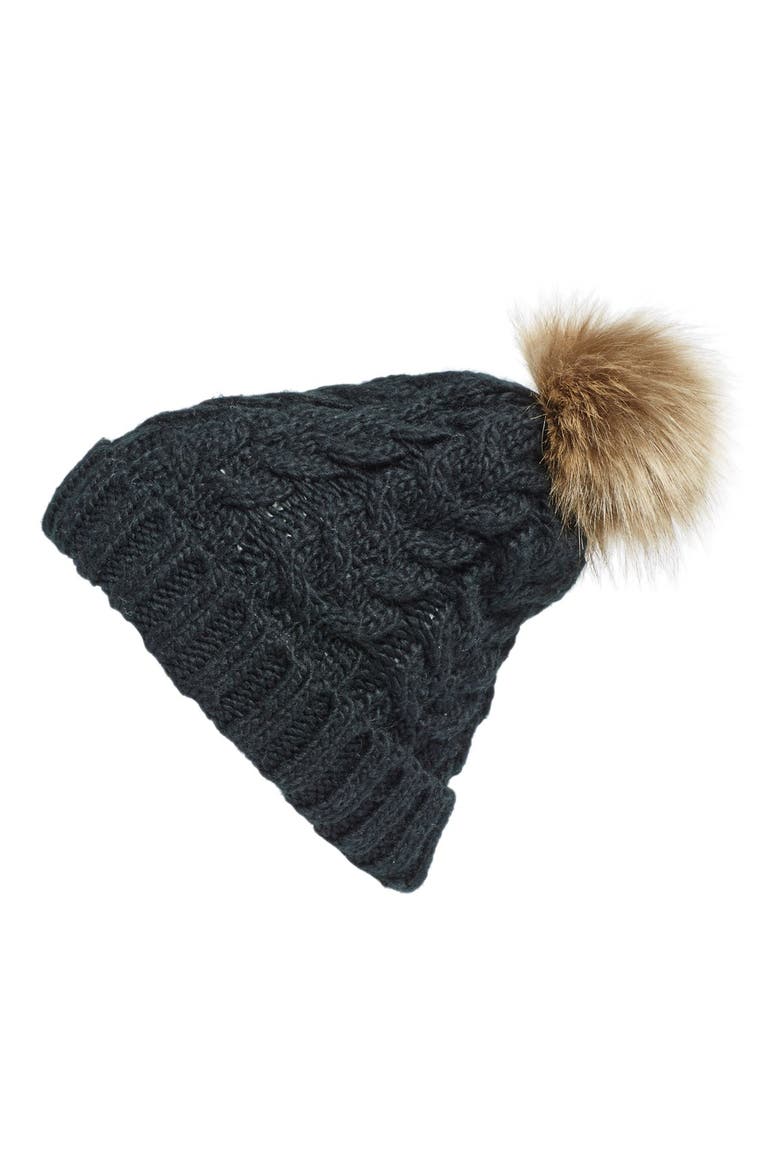 Knit Beanie with Faux Fur Pompom, Main, color, BLACK
