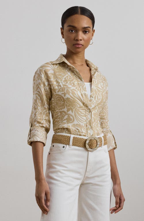 Shop Ralph Lauren Lauren  Floral Print Linen Woven Shirt In Cream/tan