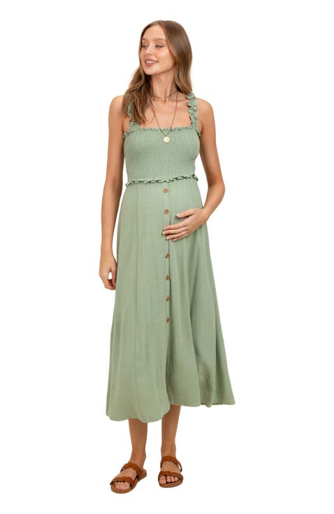 Smocked Button Front Linen Blend Midi Dress