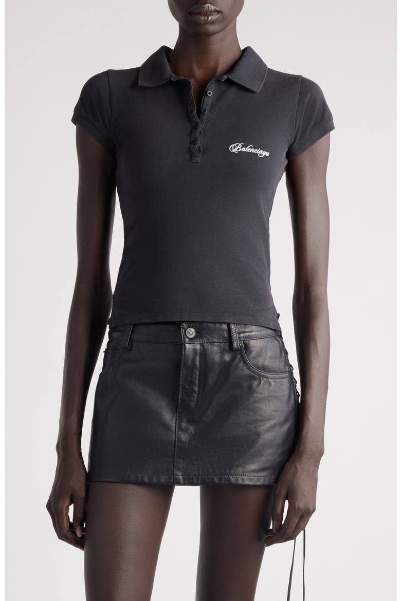 Logo Embroidered Cotton Piqué Crop Polo, Main, color, 6552 WASHED BLACK 2/ WHITE