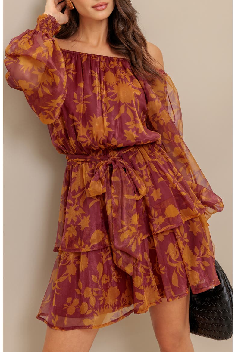 Floral Off the Shoulder Long Sleeve Minidress, Alternate, color, MAROON