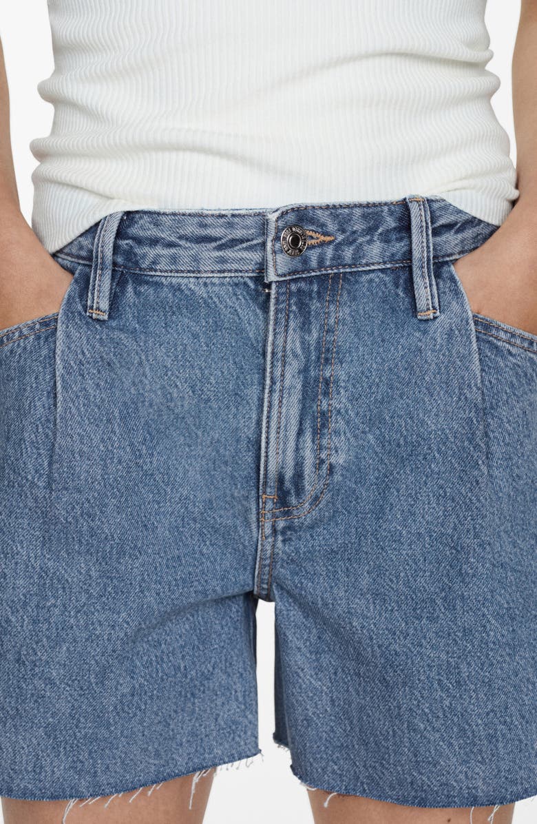 MANGO Raw Hem Pleated A-Line Denim Shorts, Alternate, color, Medium Blue