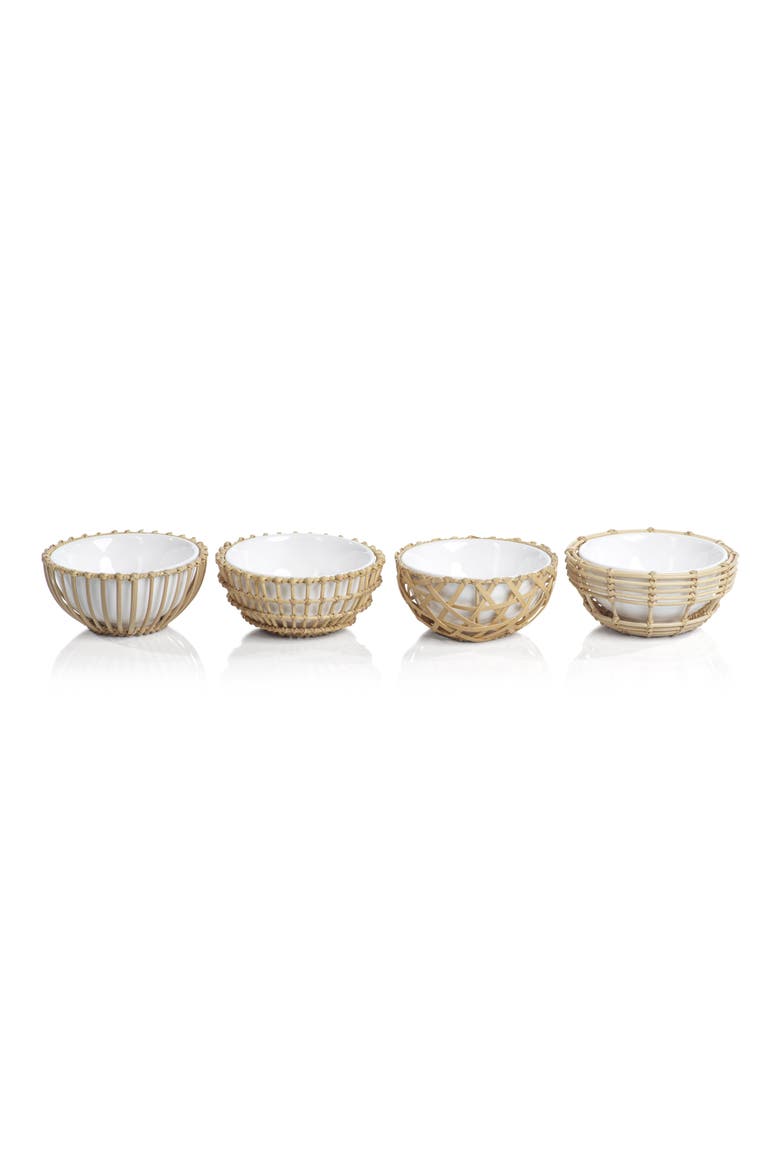 Set of 4 Wicker & Bamboo Condiment Bowls, Main, color, WHITE/ NATURAL