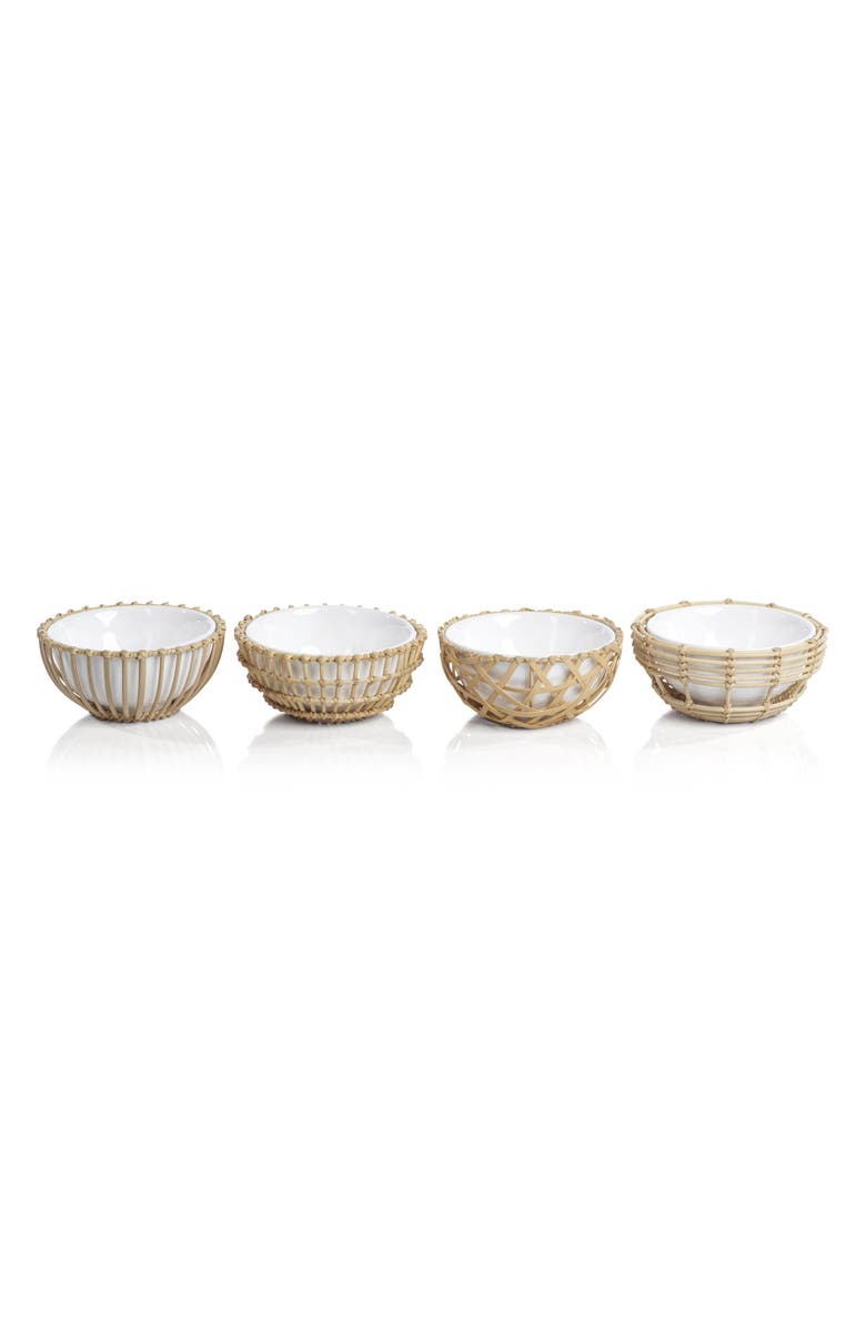 Zodax Set of 4 Wicker & Bamboo Condiment Bowls, Main, color, White/ Natural