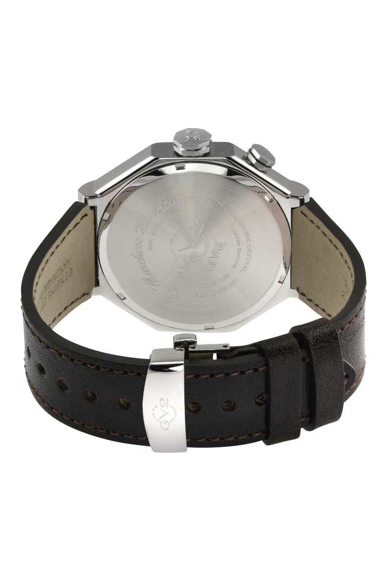 Marchese 3 Time Zones Leather Strap Watch, 44mm, Alternate, color, BROWN