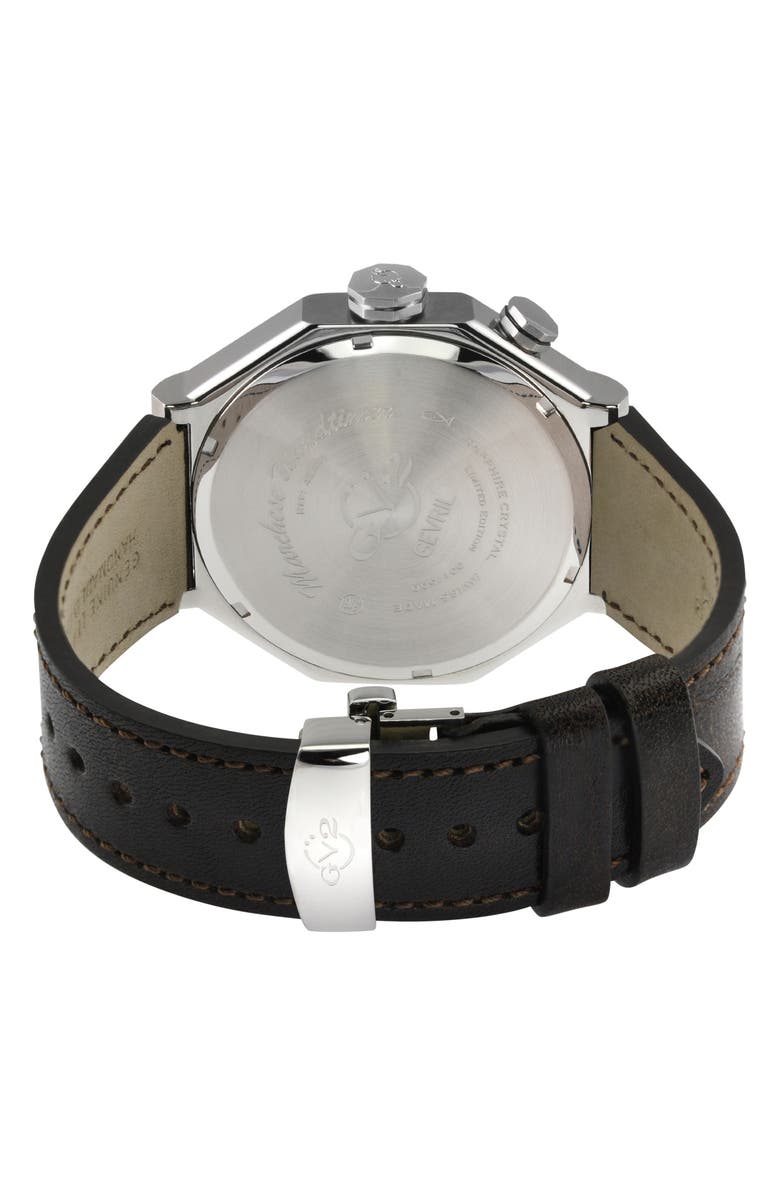 GV2 Marchese 3 Time Zones Leather Strap Watch, 44mm, Alternate, color, Brown