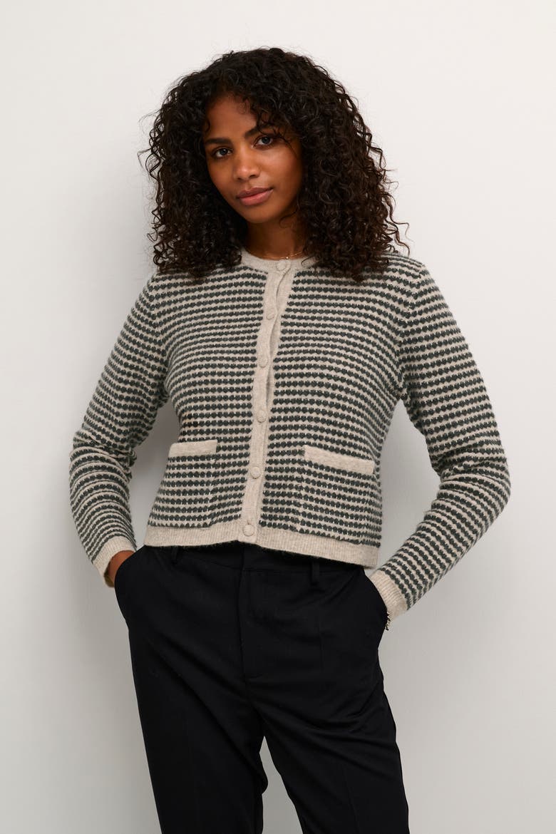 KAellery Button Round Neck Cardigan, Main, color, Feather Gray/ Black