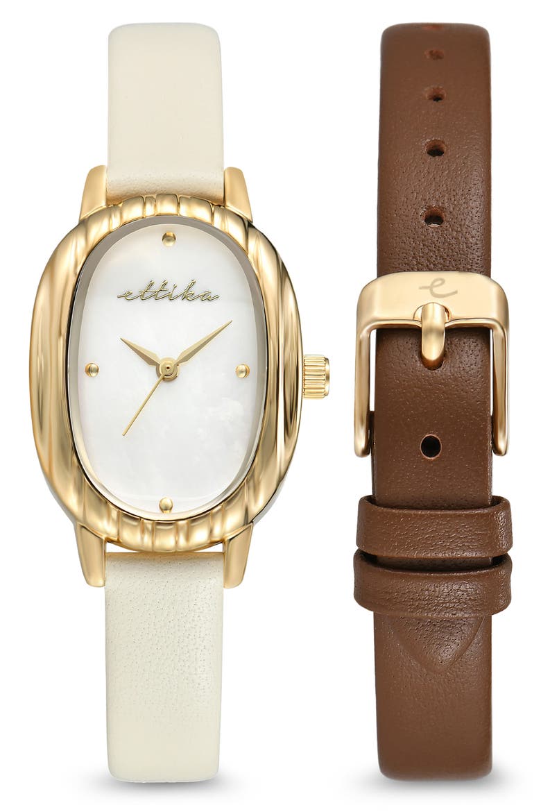 Oval Mother of Pearl Watch & Leather Strap Set, Main, color, CHOCOLATE