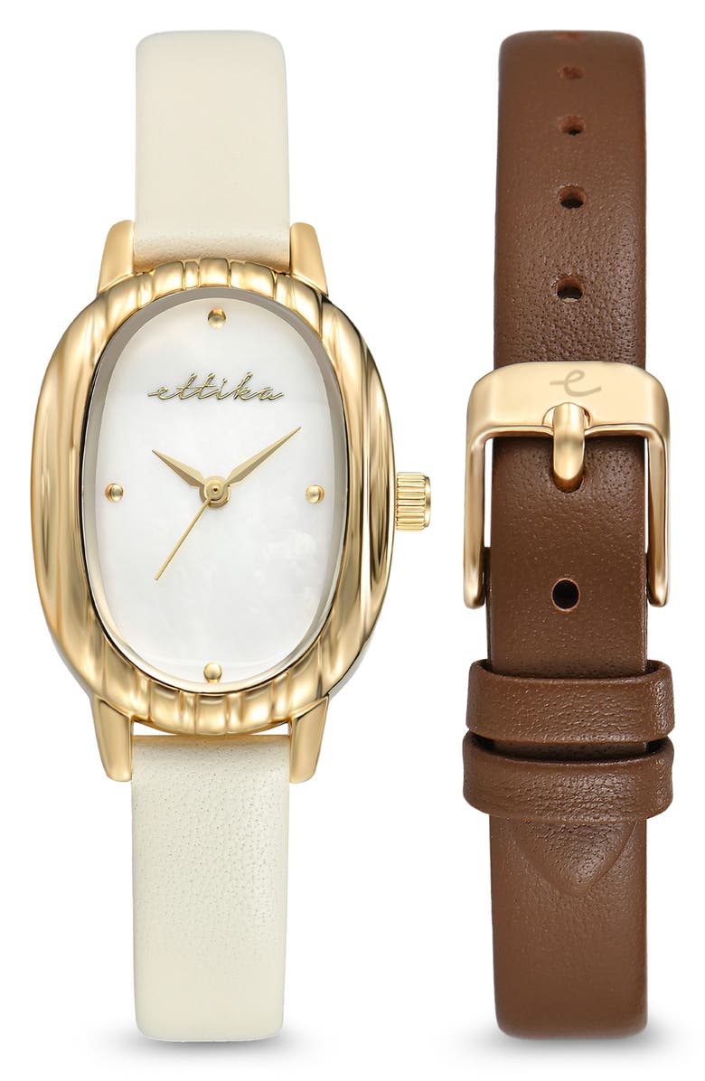 Ettika Oval Mother of Pearl Watch & Leather Strap Set, Main, color, Chocolate