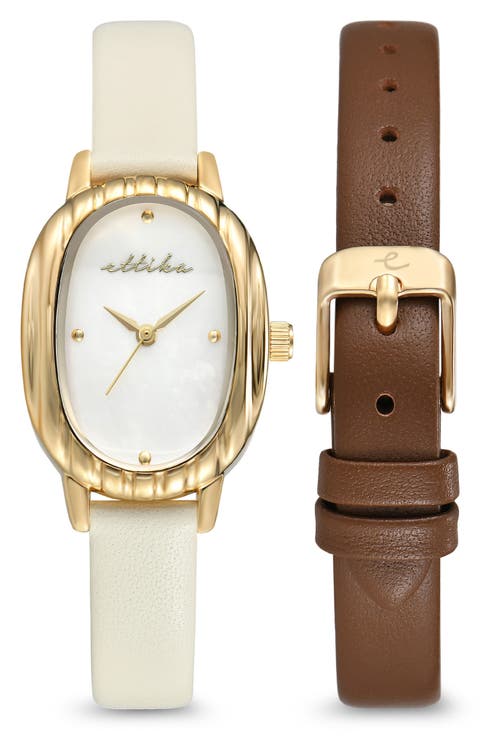 Oval Mother of Pearl Watch & Leather Strap Set