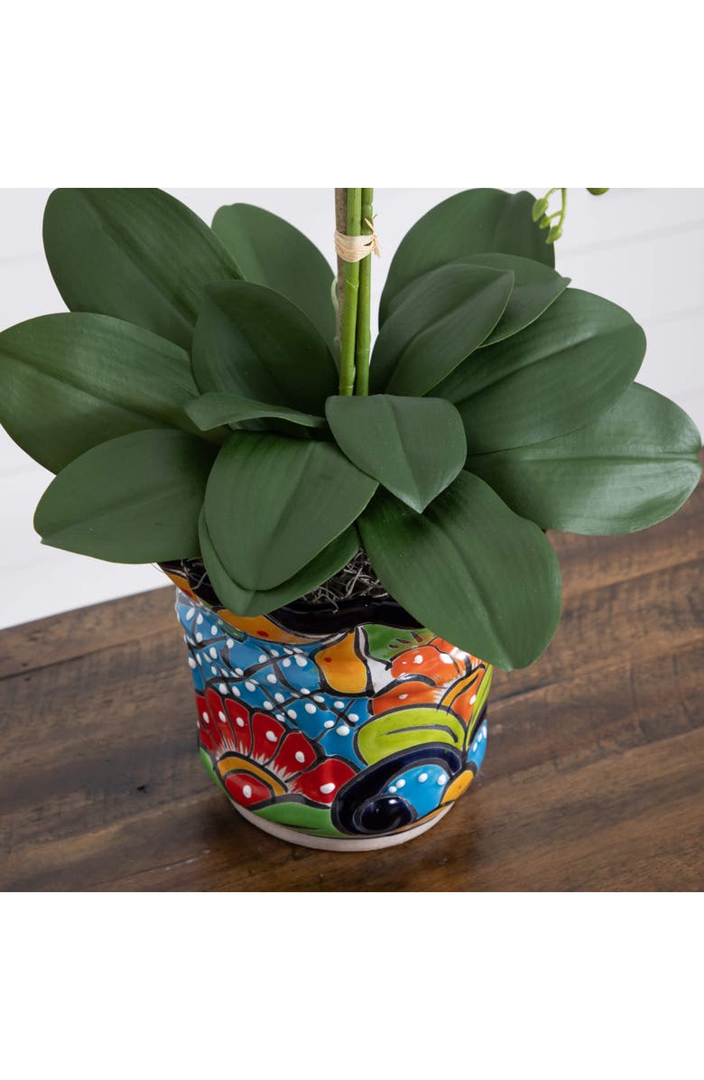 NEARLY NATURAL 27-in Artificial Triple Orchid Arrangement in Handmade Mexican Talavera Ceramic Planter, Alternate, color, Green