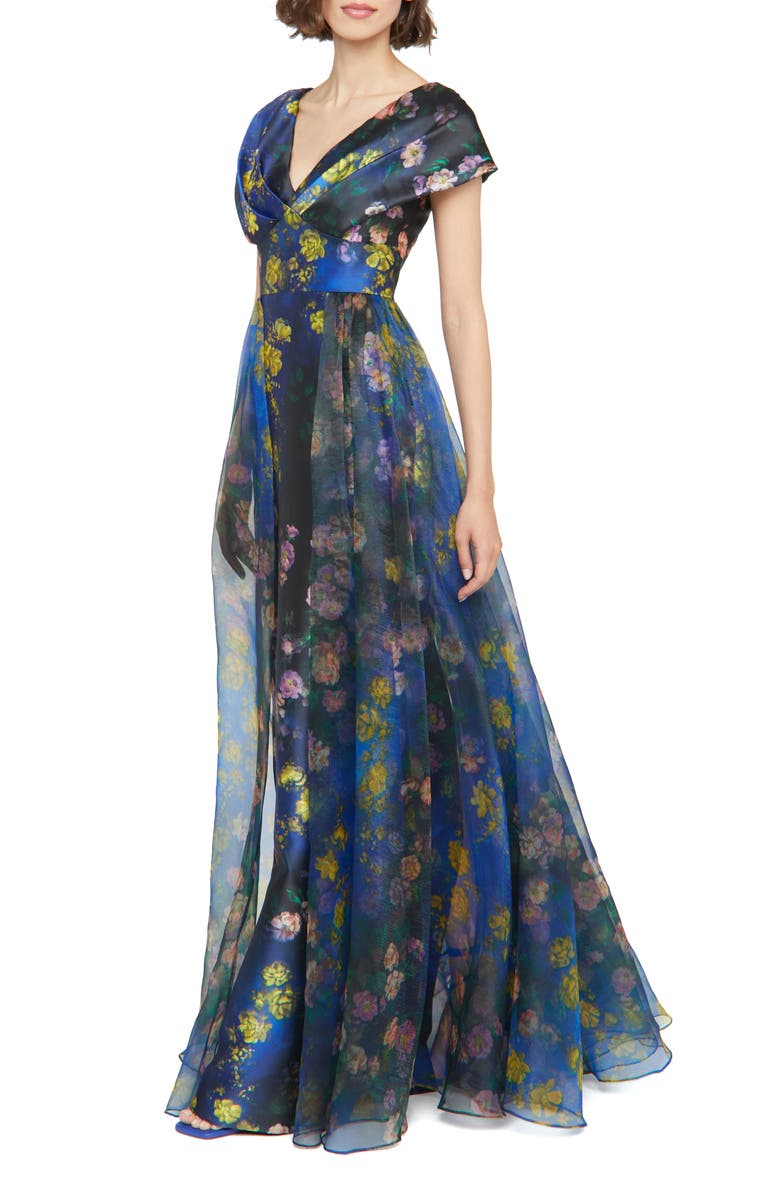 Theia Nadia Floral Print Drape Gown, Alternate, color, 