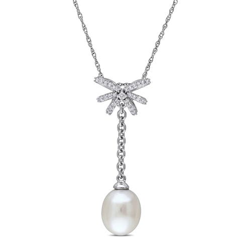 Cultured Pearl & Diamond Lariat Necklace 10k