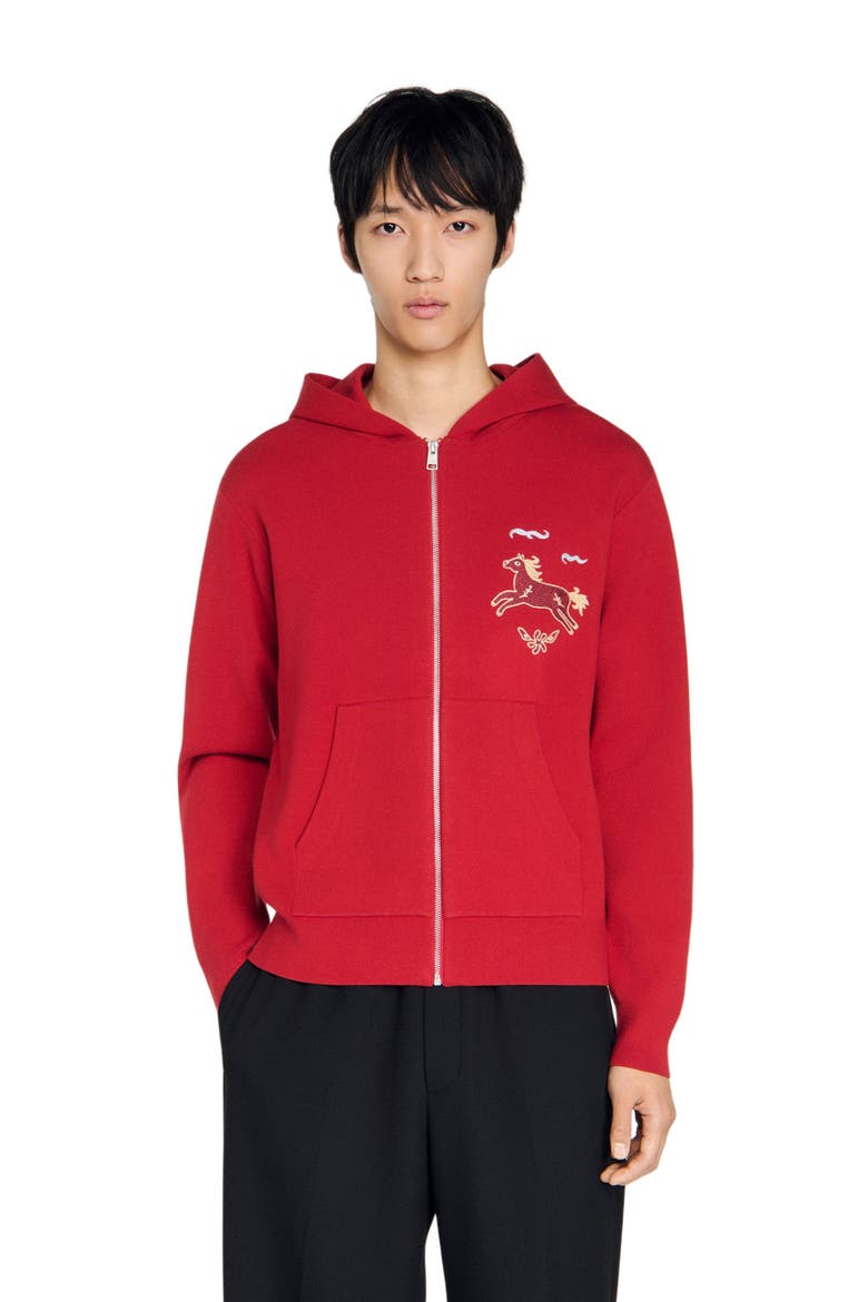Animal print zip-up cardigan, Main, color, Red