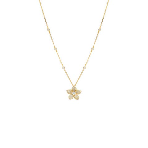 Pave Flower Charm Bezel Station Necklace