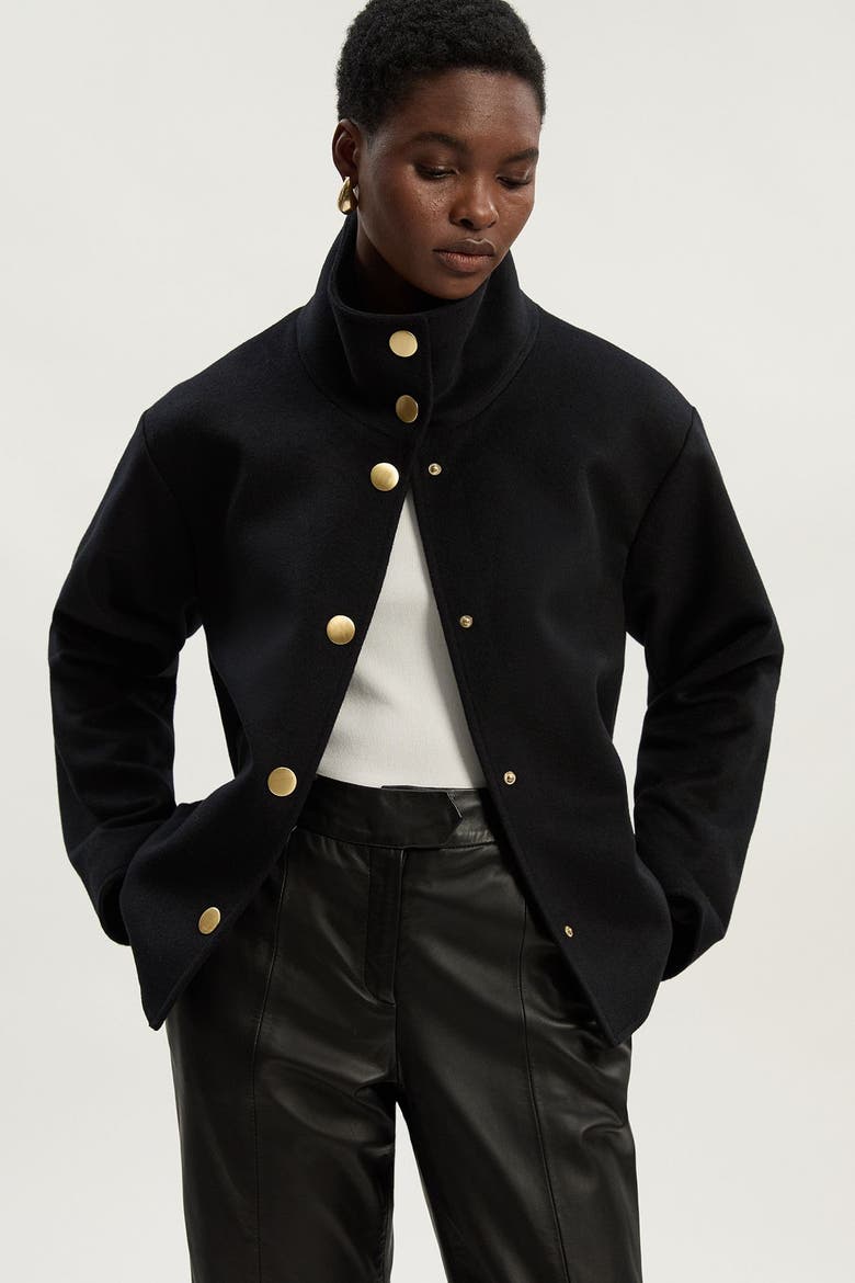 Brushed Wool Funnel Neck Tailored Coat, Alternate, color, Black
