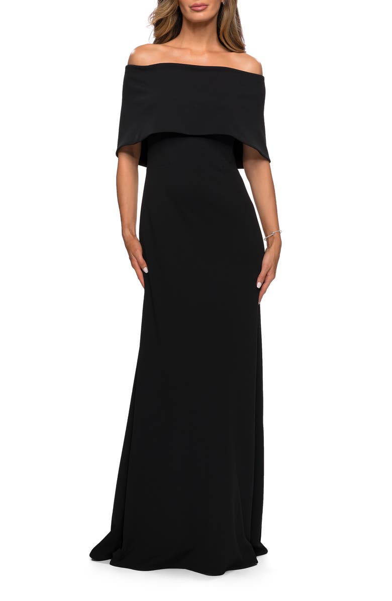 La Femme Off the Shoulder Jersey Gown with Column Skirt, Main, color, Black