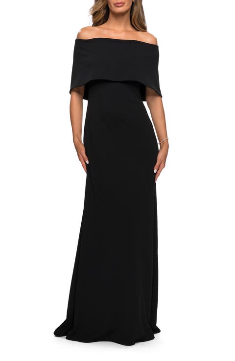 Off the Shoulder Jersey Gown with Column Skirt