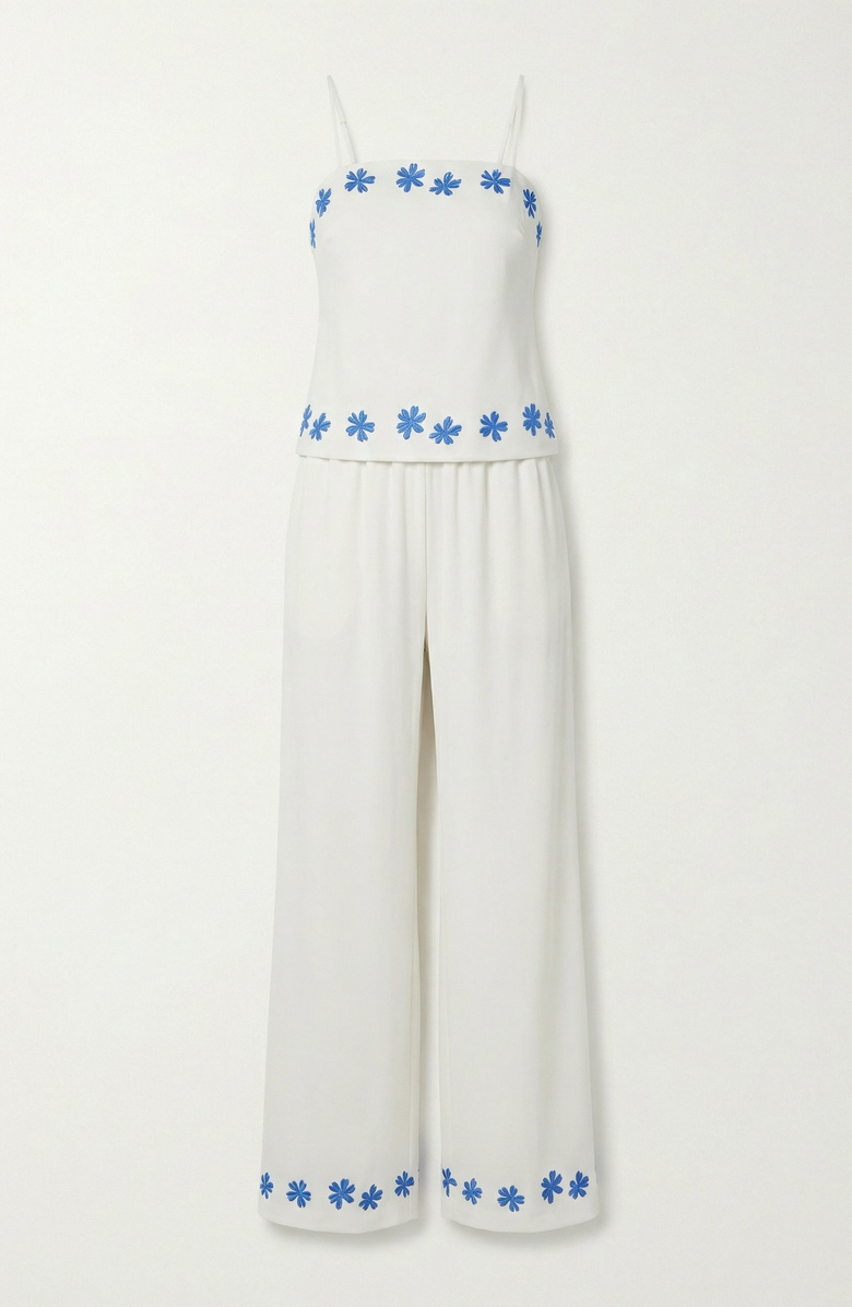 Modenaire Embroidered Camisole and Wide-Leg Pant Set with Floral Hem, Alternate, color, White
