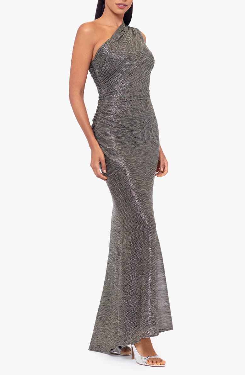 Betsy & Adam Metallic Crinkle One-Shoulder Mermaid Gown, Alternate, color, 