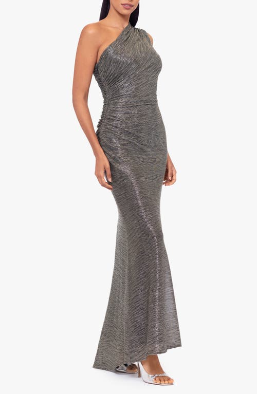 Betsy & Adam Metallic Crinkle One-shoulder Mermaid Gown In Gray