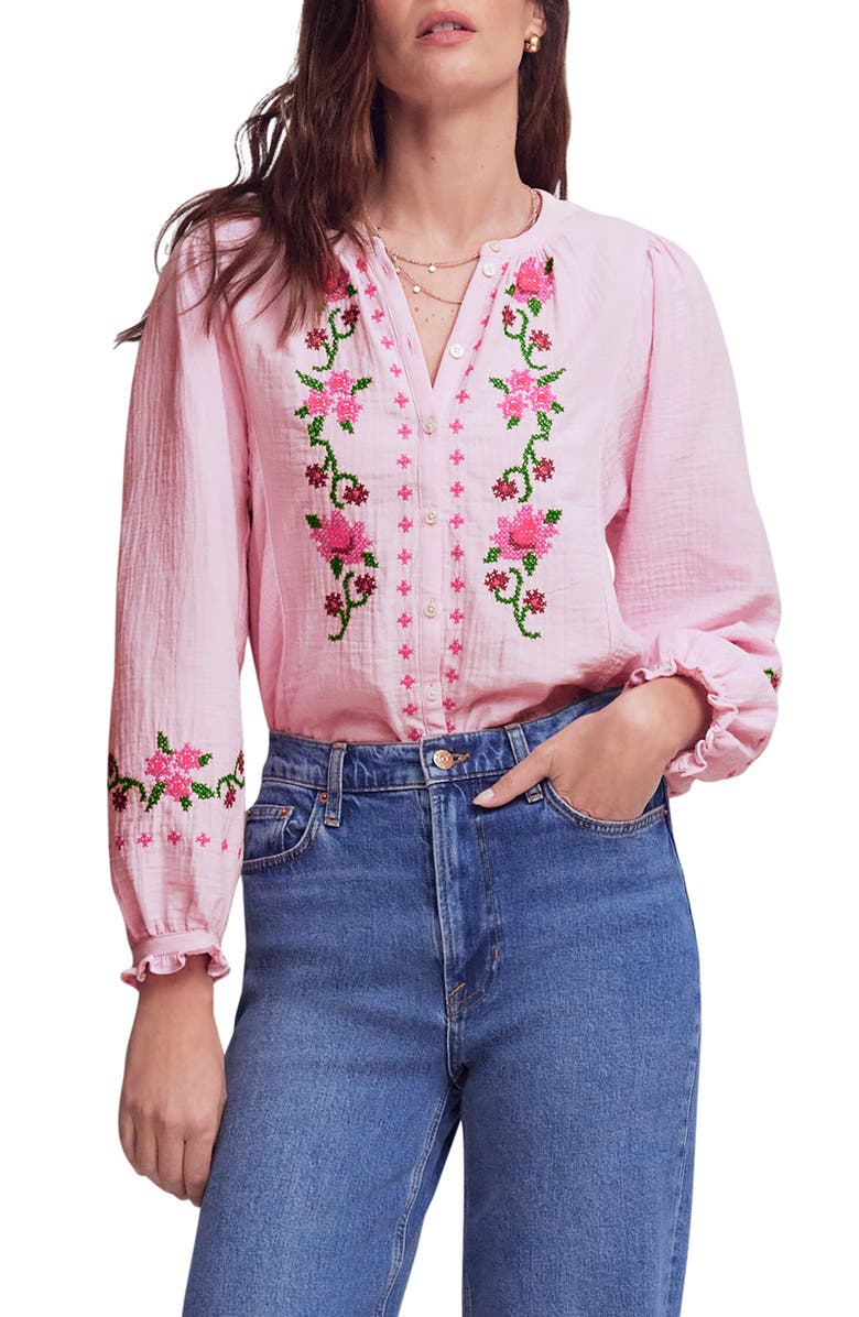 Boden Camille Double Cloth Button-Up Shirt, Main, color, Pink Embroidery