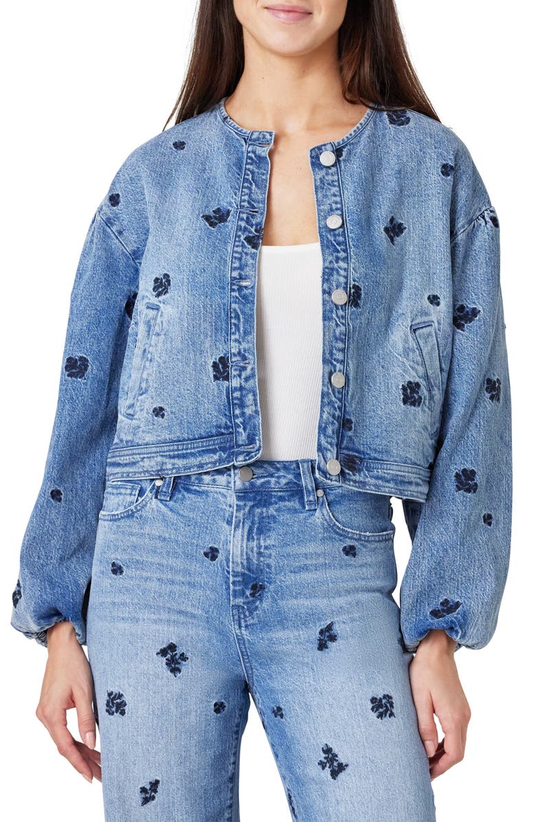 Habitual Collarless Embroidery Denim Jacket, Main, color, Seafarer