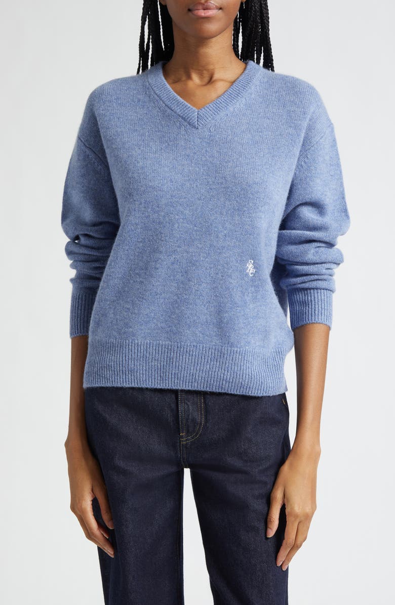Sporty 
Rich Embroidered Logo Cashmere 
Wool V-Neck Sweater, Main, color, Colony Blue