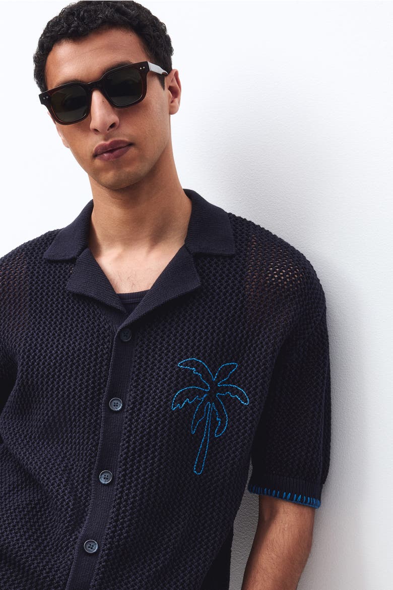 Relaxed Fit Hole-knit Resort Shirt, Alternate, color, Navy blue/palm tree