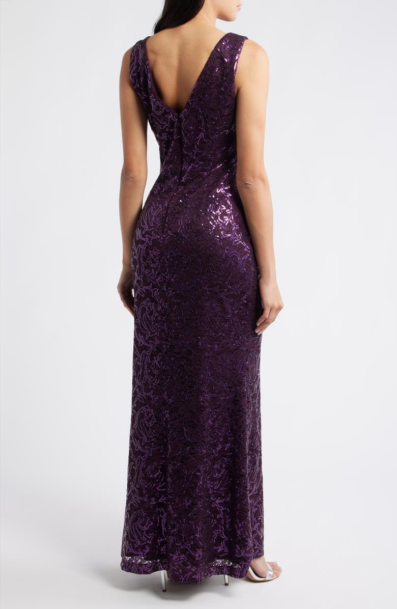 Eliza J Sequin Ruffle Sleeveless Lace Trumpet Gown, Alternate, color, Plum