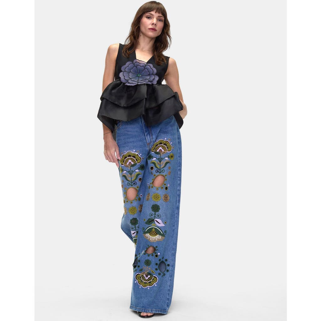 Cynthia Rowley Embroidered Wide-leg Jeans In Blue_multi