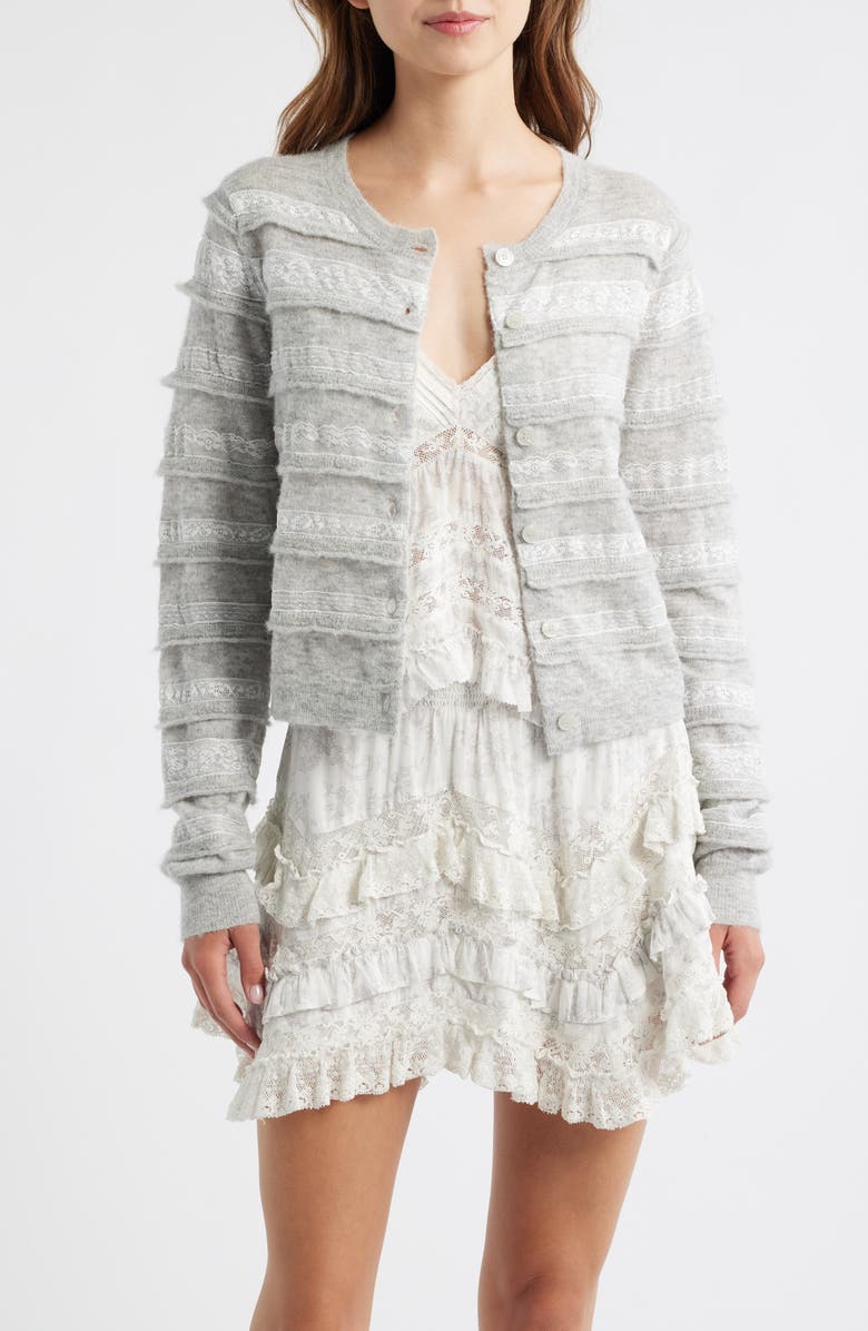 LoveShackFancy Claralise Lace Accent Cardigan, Main, color, Pale Grey Melange