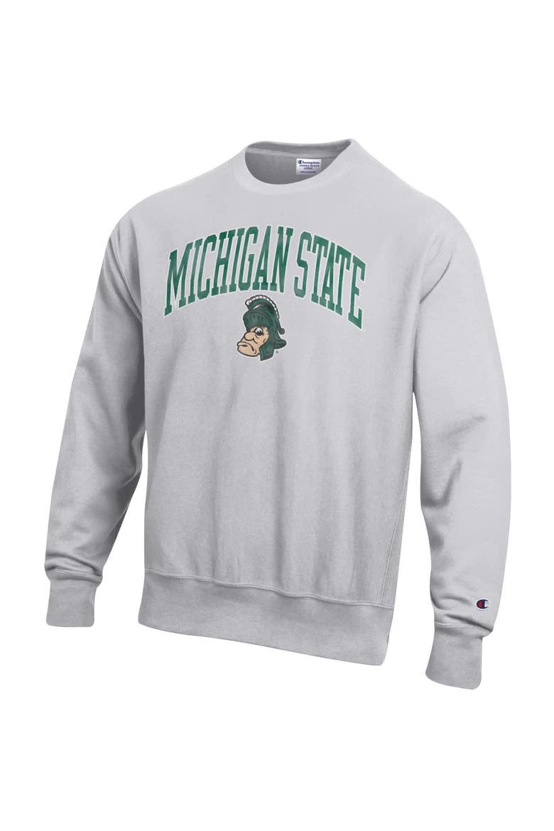 Men's Champion Gray Michigan State Spartans Distressed Arch Over Logo Reverse Weave Crew Neck Sweatshirt, Alternate, color, Gray