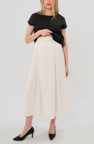 Marion Women's Over-Under Bump Pleated Maternity Maxi Skirt in Black Tropical Wool