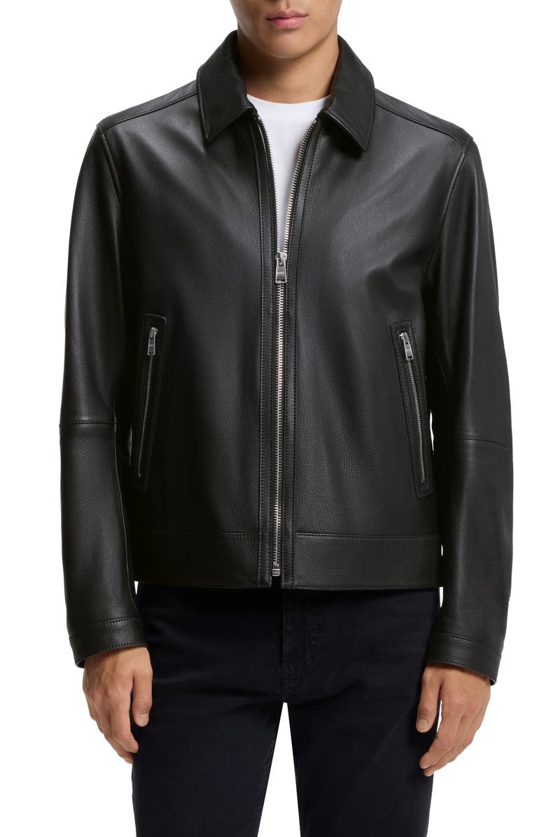 BOSS Mapson Lambskin Leather Jacket, Main, color, Black