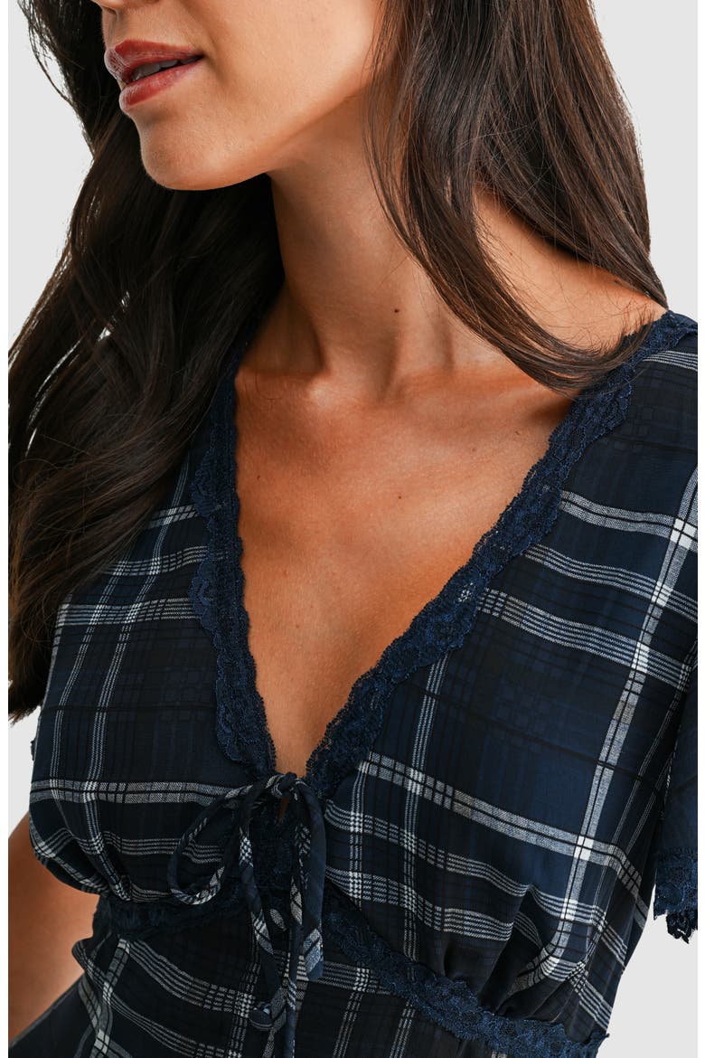Plaid Flutter Sleeve Fit and Flare Midi Dress, Alternate, color, NAVY IVORY PLAID