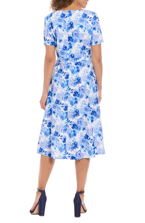 London Times Floral Tie Neck Short Sleeve Fit & Flare Midi Dress In Ivory/blue/roy