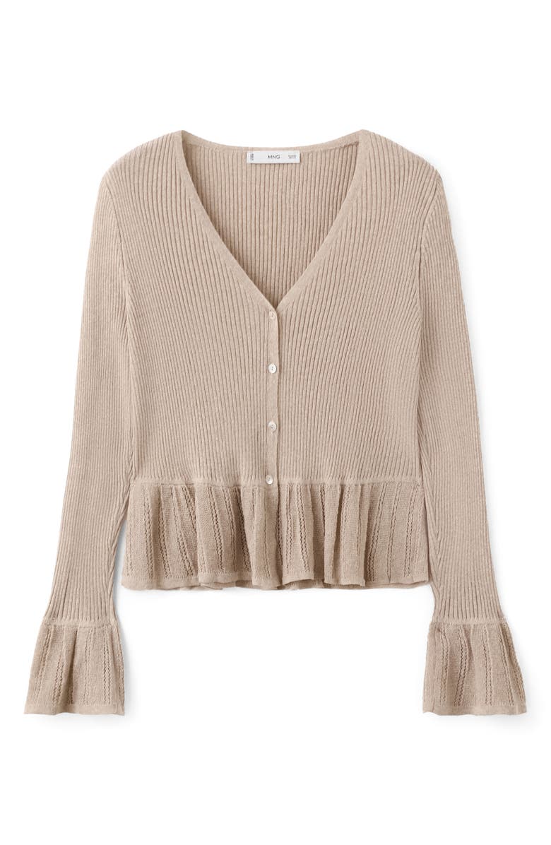 MANGO Ruffle Rib & Pointelle Cardigan, Alternate, color, Sand
