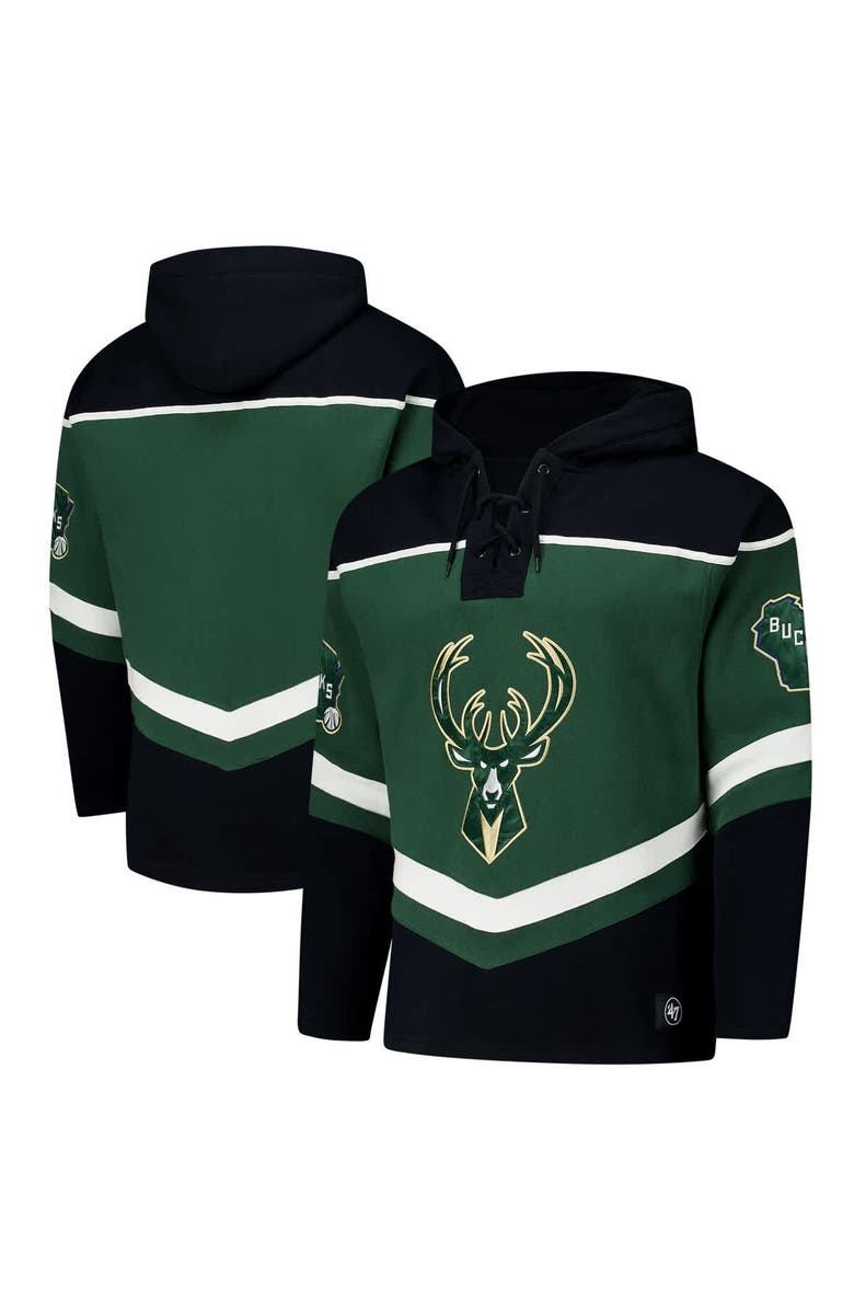 '47 Men's '47 Hunter Green Milwaukee Bucks Oversized Tri-Satin Layup Lacer Pullover Hoodie, Main, color, 