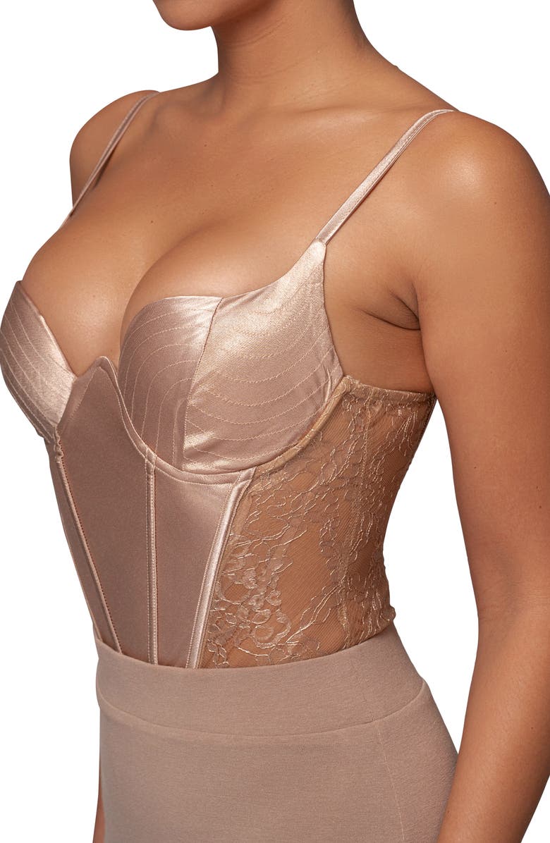 JLUXLABEL Incomparable Lace Inset Satin Bodysuit, Alternate, color, Brown