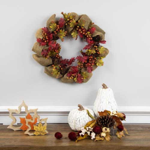 Northlight Rustic Burlap Fall Harvest Wreath With Acorns And Berries, 18-inch In Red