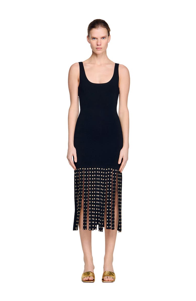 SANDRO Fringed knit maxi dress, Alternate, color, Black